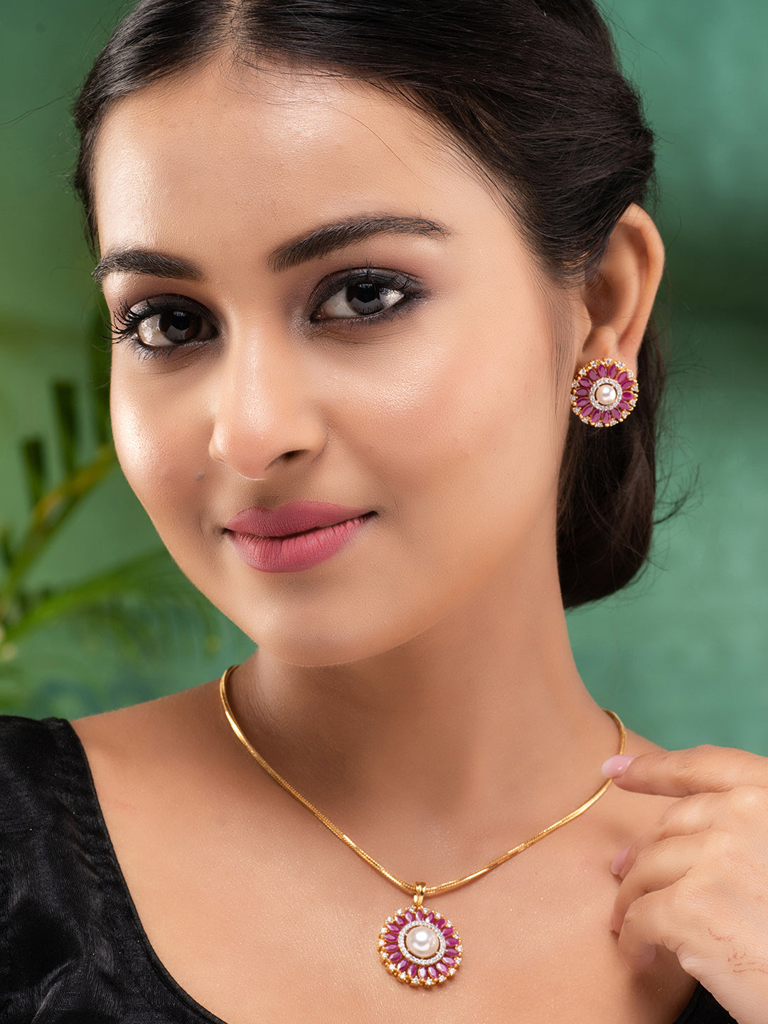 Women Pink & White Gold Plated AD & Pearl Studded Jewellery Set, zaveri pearls, sale price rs, sale price, sale gold plated, sale gold, sale, rubans, ring, regular price, priyassi jewellery,